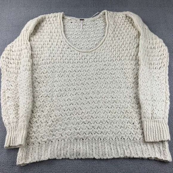 Free People Sweater Women L Beige Open Knit Scoop Neck Long Sleeve Pullover - Picture 1 of 6